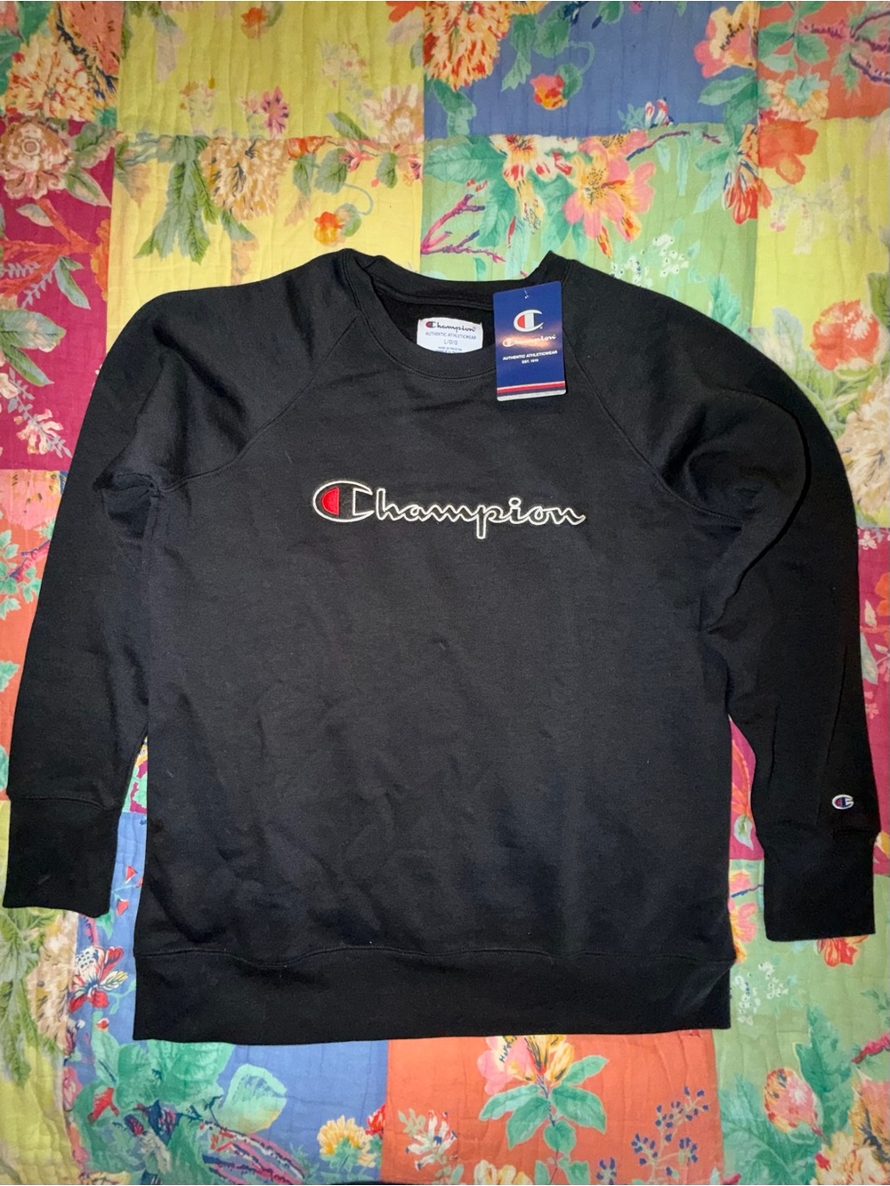 NWT Champion Black Crewneck Sweatshirt Embroidered Front Logo